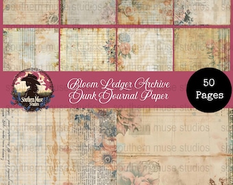 Papel de contabilidad vintage, diario basura, descarga digital, efímera floral, material para álbumes de recortes, imprimible, 50 páginas PDF, técnica mixta, estilo grunge, flora