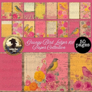May include: A collection of 50 pages of vintage-style paper with a grungy aesthetic. The design features birds, roses, and ledger paper elements in shades of pink, yellow, and beige. The text reads "Grungy Bird Ledger 101 Paper Collection".