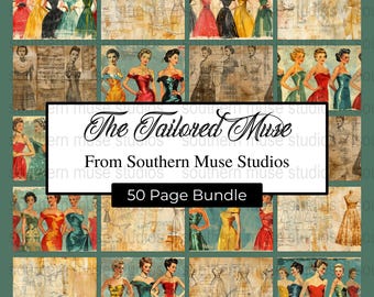 May include: A collage of vintage fashion illustrations and sketches, featuring women in elegant dresses. The color scheme includes red, yellow, green, and black. The image includes the text "The Tailored Muse", "From Southern Muse Studios", and "50 Page Bundle".