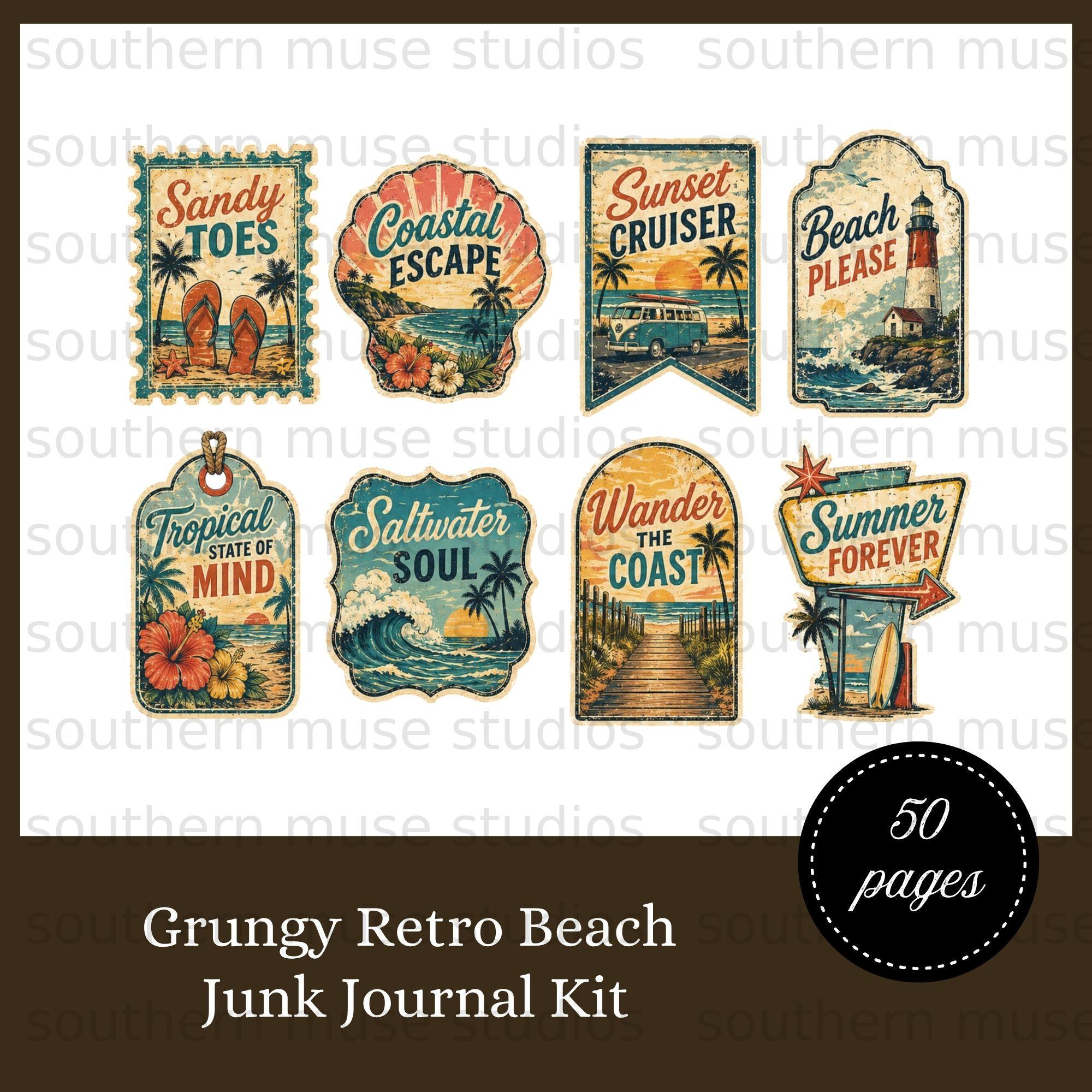 50 Grungy Retro Beach Junk Journal Digital Kit | Vintage Tropical Paper ...