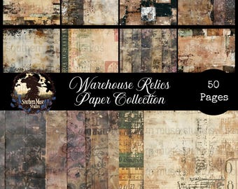May include: A collection of 50 pages of textured paper with a vintage, distressed aesthetic. The papers feature a mix of brown, beige, and black tones, with hints of green and pink. The text "Warehouse Relics Paper Collection" is displayed.