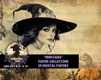 Morgana Witch Digital Paper, Halloween Printable Scrapbook Paper, Gothic Paper Pack, Halloween Digital Paper, Witchy Scrapbook Digital