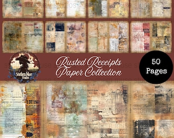 Rusted Receipts Paper Digital, Aged Document Junk Journal, Vintage Ephemera, Old Ledger Sheet, Antiqued Journaling, 50 PDF Downloads, grungy
