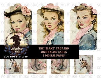 Cowgirl Junk Journal Tags & Cards, Western Ephemera Printable, Vintage Style Digital Download, Blake Girl Embellishments