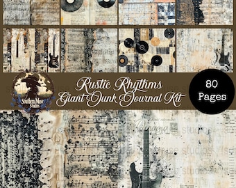 Rustic Rhythms Digital, Music Junk Journal Kit, Guitar Paper, Vintage Vinyl Records, Scrapbook Embellishments, Printable Collage, 80 Pages