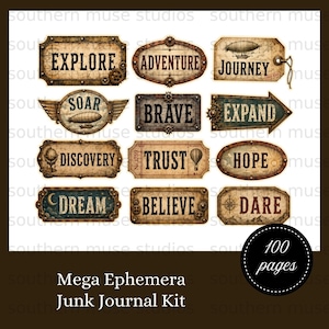 Mega Ephemera Junk Journal Kit with 100 pages and inspirational words.