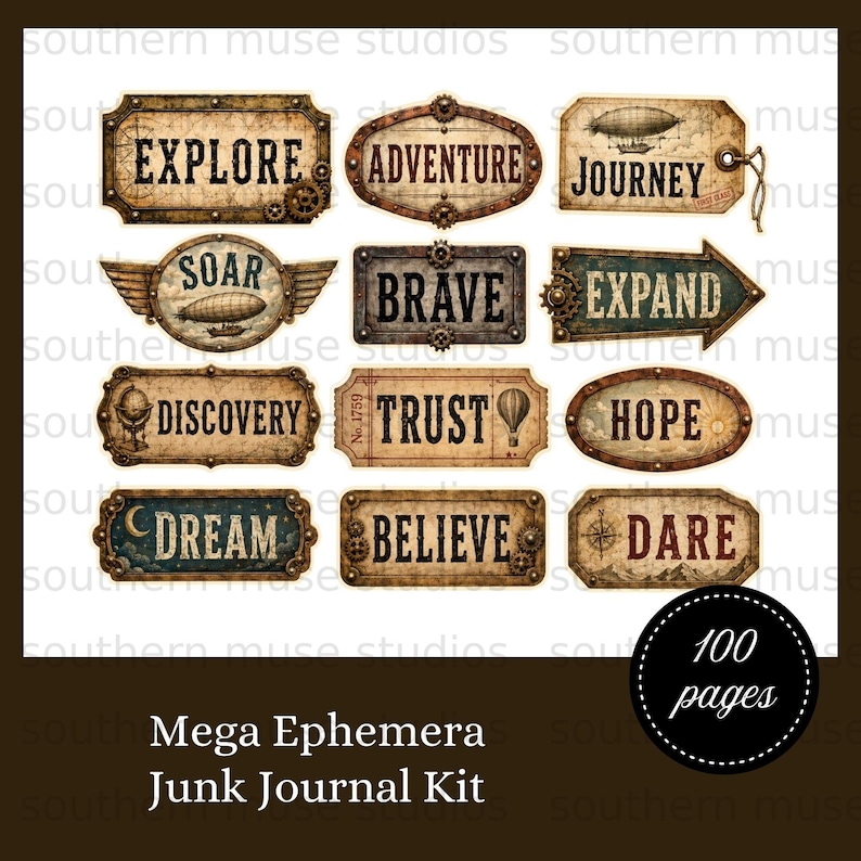 Mega Ephemera Junk Journal Kit with 100 pages and inspirational words.