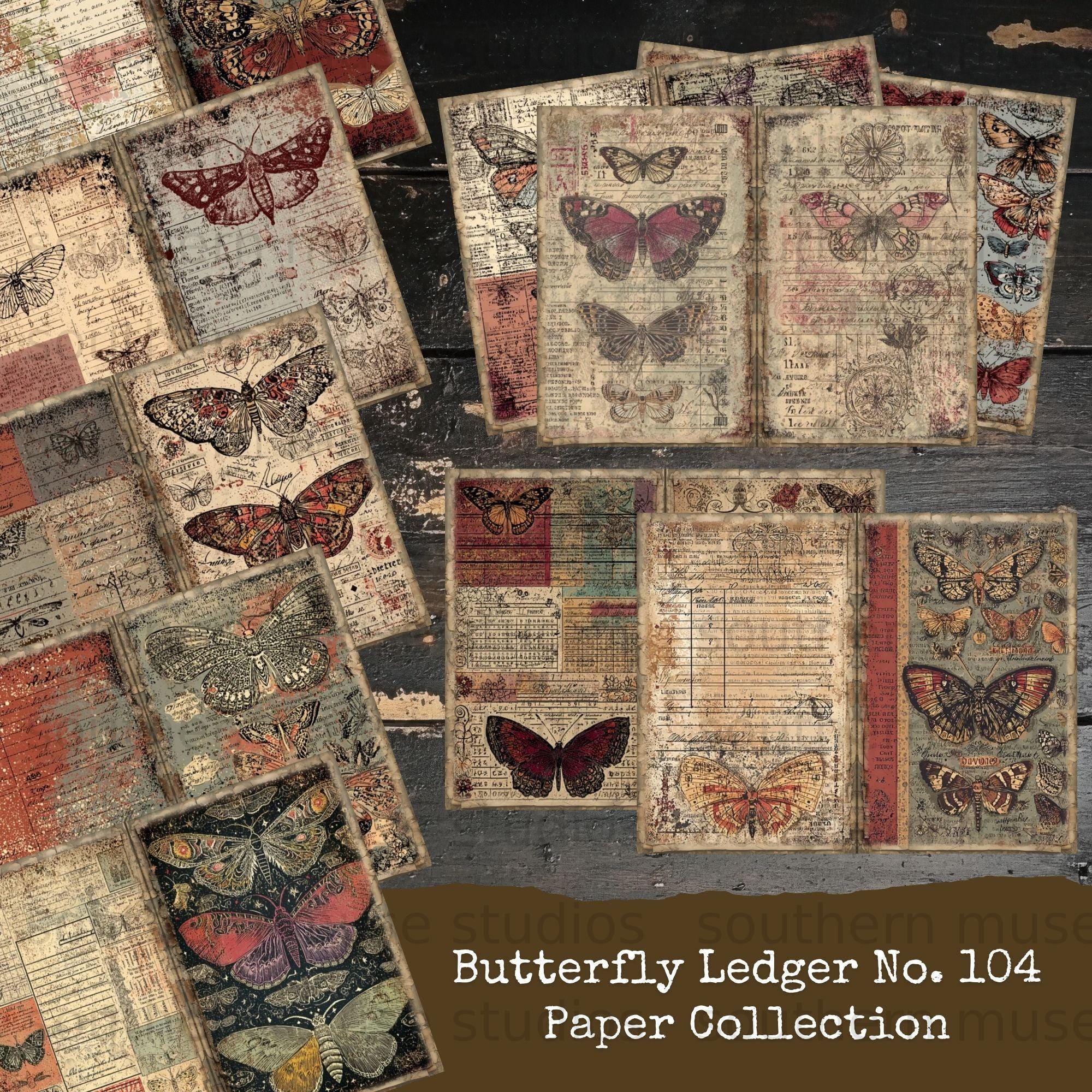 50 Junk Journal Digital Papers, Vintage Butterfly Ledger Pages, Grungy ...