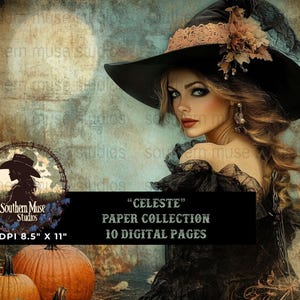 May include: Digital art print featuring a woman in a black witch hat with a floral accent, and a black dress. The image includes pumpkins and the text "CELESTE" PAPER COLLECTION 10 DIGITAL PAGES. The print is 8.5" x 11".
