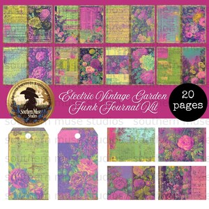 May include: A set of vintage journal pages and tags with floral and botanical designs. The pages feature pink, purple, green, and yellow hues, with text overlays. The kit includes 20 pages and is labelled "Electric Vintage Garden Funk Journal Kit."