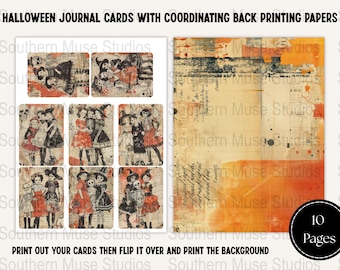 May include: Halloween journal cards with coordinating back printing papers. The image shows vintage-style cards with illustrations of children in Halloween costumes. The background paper has an aged look with orange and black accents. The text says "10 Pages".