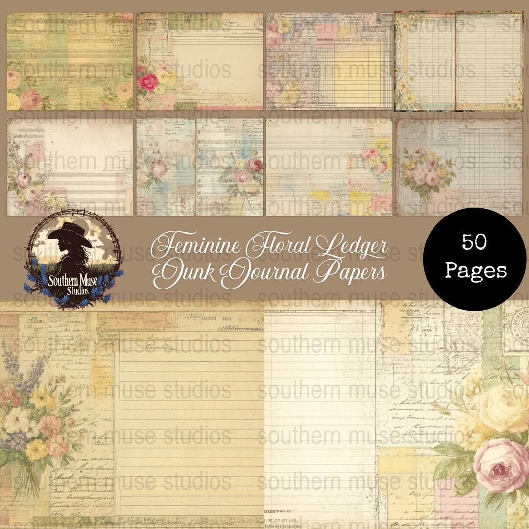 Floral Ledger Junk Journal Pages, Feminine Ephemera, Digital Paper Pack ...