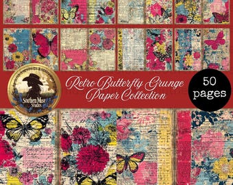 Retro Butterfly Grunge Digital Paper Pack, 50 Vintage Floral Junk Journal Pages, Scrapbook Kit, Printable Collage Art, Instant PDF Download