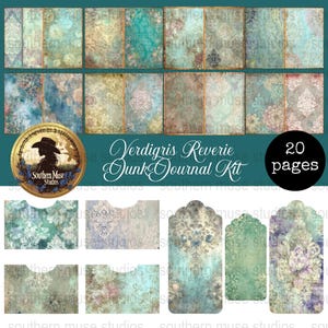Może przedstawiać: Cyfrowy zestaw do dziennika śmieciowego o estetyce vintage. Zestaw zawiera 20 stron z postarzanymi teksturami i kwiatowymi wzorami w odcieniach turkusu, niebieskiego i beżu. Zestaw zawiera również tagi i kieszenie. Widoczny jest tekst "Verdigris Reverie Junk Journal Kit".