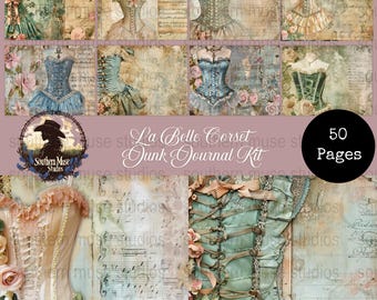 May include: A digital junk journal kit titled "La Belle Corset" featuring vintage corset illustrations in various colors, including blue, green, and beige, with floral accents and musical notes. The kit includes 50 pages.