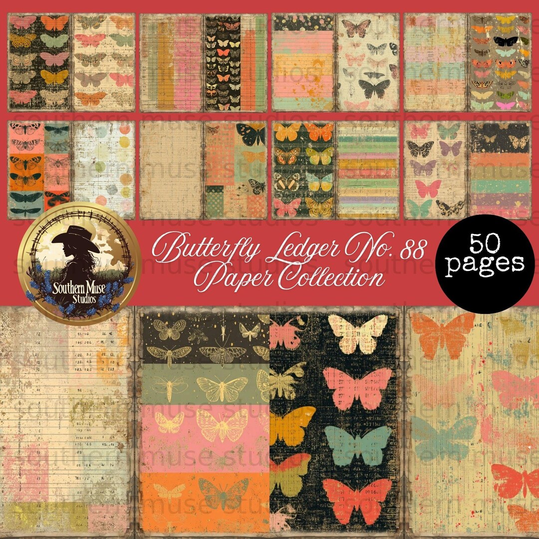 Vintage Butterfly Ledger Junk Journal Digital Paper Pack, 50 Distressed ...