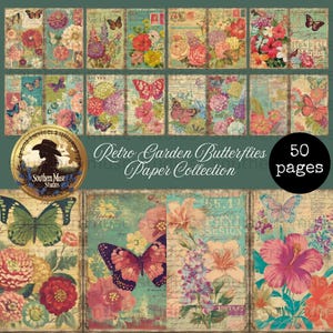 Pode incluir: Uma coleção de 50 páginas de papel em estilo vintage com desenhos florais e de borboletas. O papel apresenta um aspeto envelhecido e desgastado com uma variedade de flores e borboletas coloridas. O texto "Retro Garden Butterflies Paper Collection" também é visível.