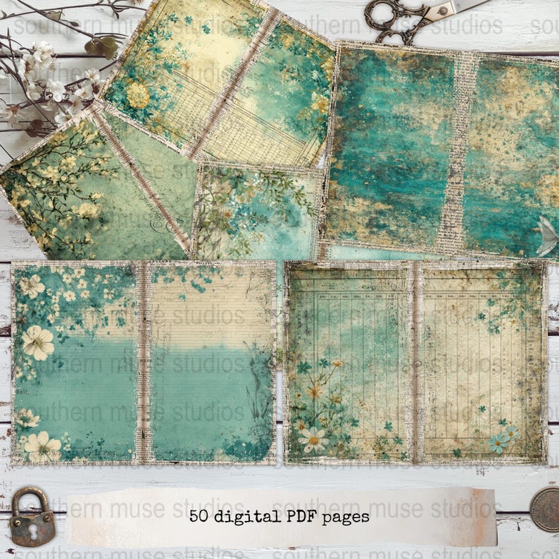 Vintage Digital Scrapbook Pages, Floral Antique Journal Kit, Printable PDF Download, Craft Supplies
