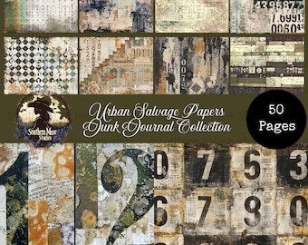 Urban Junk Journal Digital Papers, Salvage Art ephemera, Collage, Scrapbooking, Mixed Media, Printable, 50 PDF Instant Download, grungy
