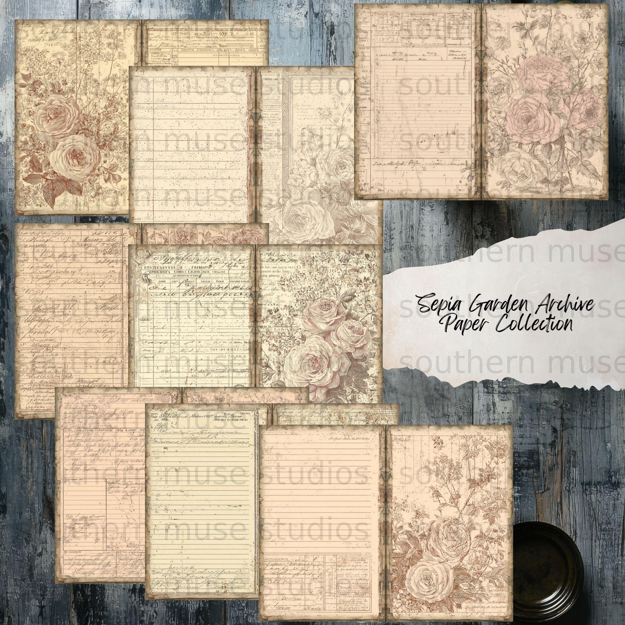 Vintage Sepia Rose Garden Journal Kit, Digital Ledger Pages, Antique ...
