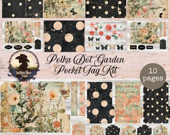 Kit d'étiquettes de jardin à pois, éphémères de journal indésirable floral, feuille d'étiquettes imprimable, pois noirs, papier de scrapbooking, téléchargement numérique