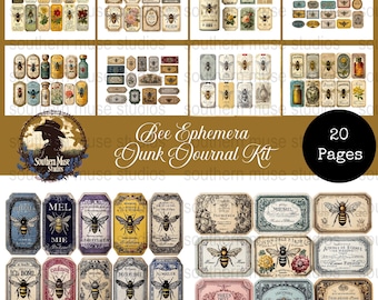Bee Ephemera, Junk Journal Kit, Vintage Labels, Fussy Cut, Scrapbooking, Collage, Digital Download, 50 PDF's, Instant Access, digikit