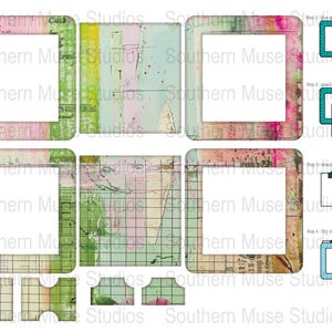 Könnte beinhalten: Eine Collage von Papierbastel-Elementen mit quadratischen Rahmen. Die Rahmen haben ein verwittertes, Vintage-Design mit rosa, grünen und blauen Aquarell-Hintergründen. Der Text "Southern Muse Studios" ist wiederholt zu sehen.
