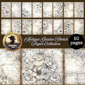 May include: A collection of 50 pages of antique-style paper with floral sketches. The paper has a vintage aesthetic with detailed black and white drawings of roses and other flowers. The text "Antique Garden Sketch Paper Collection" is displayed.