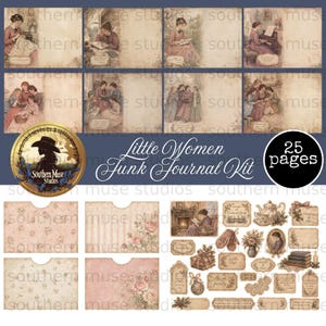 May include: A Little Women junk journal kit with 25 pages. The kit includes vintage-style illustrations of women reading and other ephemera. The kit also includes floral and striped pocket pages, tags, and decorative elements.