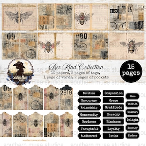 Può includere: Una collezione di elementi effimeri di carta in stile vintage con illustrazioni di api e biciclette. Include etichette, tasche ed etichette di parole con parole ispiratrici. Il testo sull'immagine recita "Bee Kind Collection" e "15 pagine".