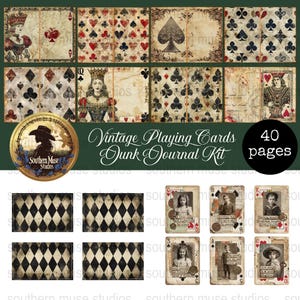 May include: A collection of vintage playing cards and journal kit elements. The cards feature classic suit symbols, portraits, and antique designs. The kit includes 40 pages of printable ephemera with a distressed, aged aesthetic.