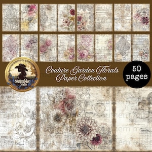 Puede incluir: Una colección de 50 páginas de papel Couture Garden Florals. Las páginas presentan diseños florales en tonos rosa, morado y crema, con escritura vintage y elementos decorativos. El logotipo de Southern Muse Studios es visible.