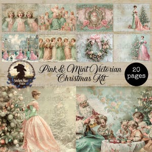 Digitalt julpapperskit, viktoriansk rosa mintgrön, fickor med tomteetiketter, utskrivbara scrapbook-journaldekorationer, 20-sidiga PDF-filer