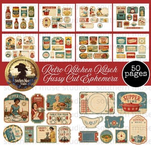 Könnte beinhalten: Eine Sammlung von 50 Seiten mit Ephemera im Retro-Küchenstil, die Vintage-Illustrationen von Lebensmitteln, Küchenutensilien, Geräten und Essensszenen mit Texten wie Supper Club, Dinner Menu und Supper Time enthält.