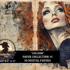 Puede incluir: Colección de papel digital con una ilustración de estilo vintage de una mujer pelirroja y un fondo envejecido. La imagen incluye el texto "LILLIAN" y "PAPER COLLECTION #1", con dimensiones de 21,59 cm x 27,94 cm.