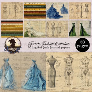 French Couture Digital Kit, Fashion Illustrations Paper, Vintage Dress Designs, Scrapbook Prints, Art Journal Pages, Digital Paper