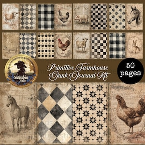 May include: A digital junk journal kit with a primitive farmhouse theme. The kit includes 50 pages with vintage illustrations of farm animals, checkered patterns, and starburst designs. The text "Primitive Farmhouse Junk Journal Kit" is displayed.