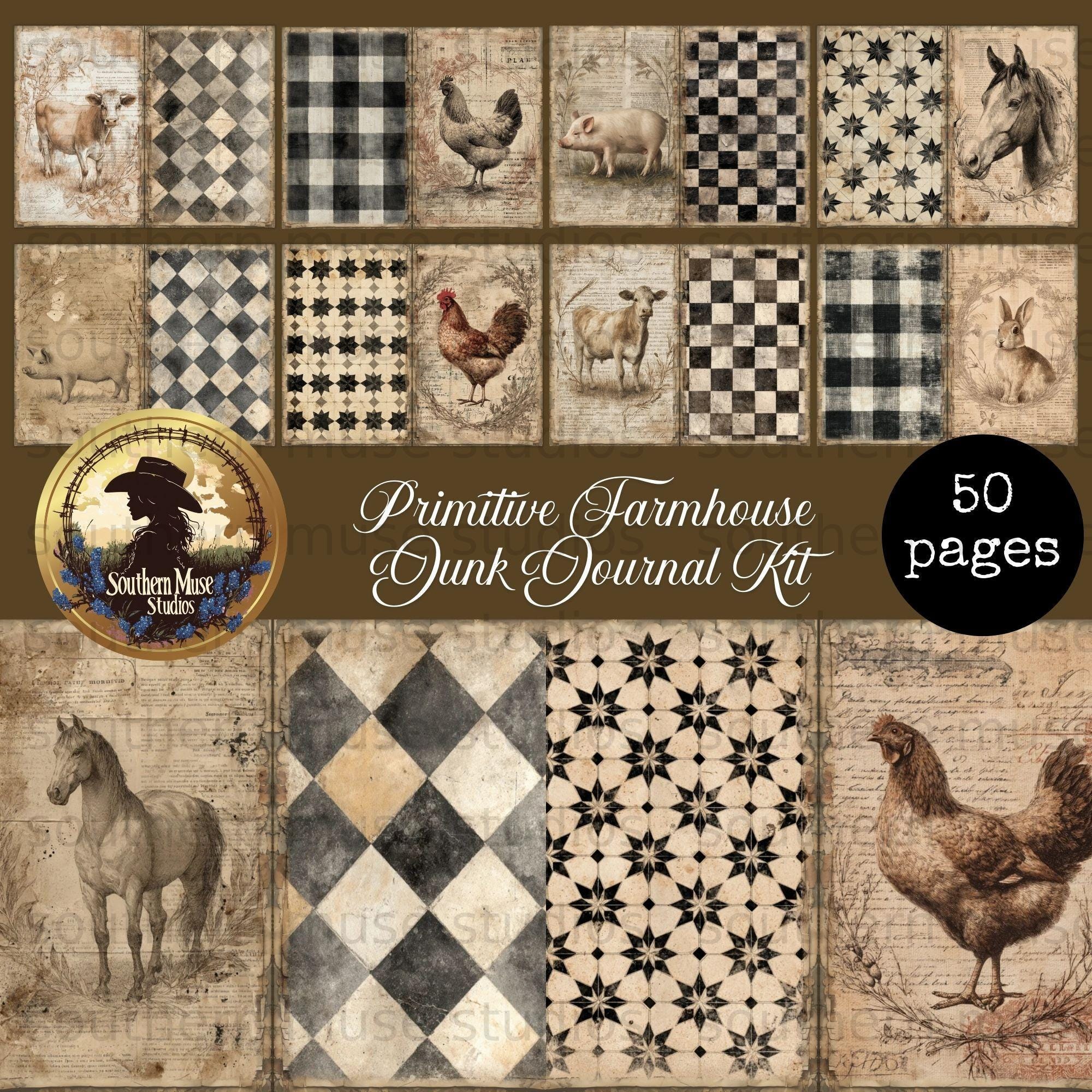 Farmhouse Junk Journal, Digital Paper Pack, 50 Printable Pages, Primitive Collage Sheets, Scrapbook Supply, PDF Download, chickens, horses