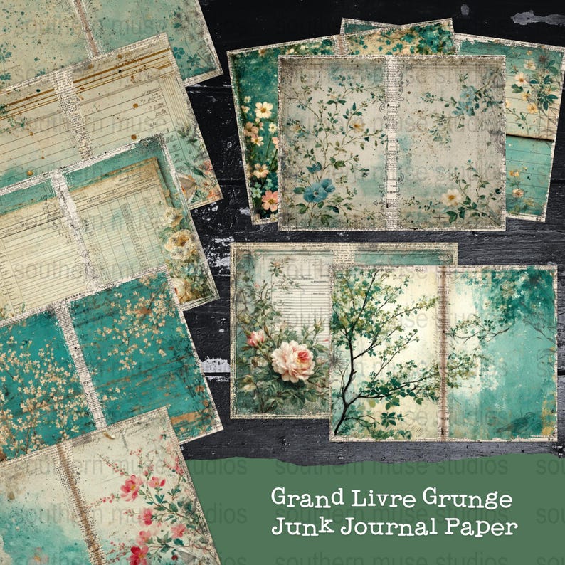 Vintage Floral Grunge Junk Journal Paper, Scrapbooking Supplies, Printable Mixed Media Art Collage Kit, Digital Download 12 Pages