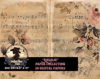 Paper Collection, Digital Scrapbook Paper, Floral Music Sheet, Vintage Backgrounds, Junk Journal, Printable Paper, Instant Download
