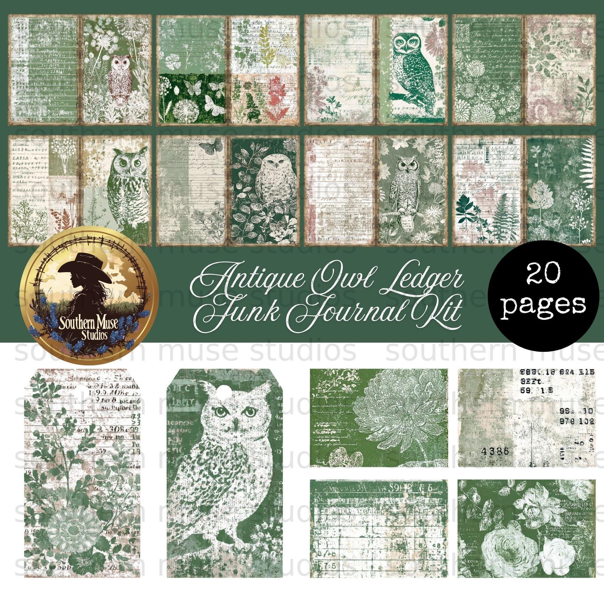 Antique Owl Ledger Junk Journal Kit, Vintage Woodland Digital Papers, Shabby Chic Ephemera, Printabl