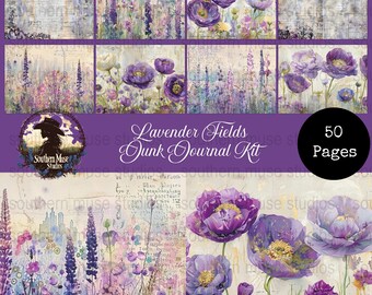 Lavender Fields Junk Journal Kit, 50 Digital PDF Pages, Floral Scrapbook Paper, Printable Ephemera, Purple Flowers Digital Art