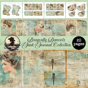 Könnte beinhalten: Eine digitale Junk-Journal-Kollektion mit dem Titel "Dragonfly Damsels" mit 20 Seiten. Das Design zeigt Illustrationen im Vintage-Stil von Frauen, Libellen und Rosen, mit einer Farbpalette aus Türkis, Beige und Rosa. Enthält Tags und Umschläge.