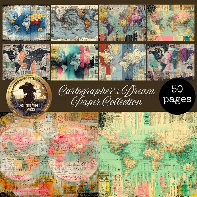 Paper Pattern Cartography Vintage World Map Digital Paper, Cartographer's Dream, Junk Journal Kit ...