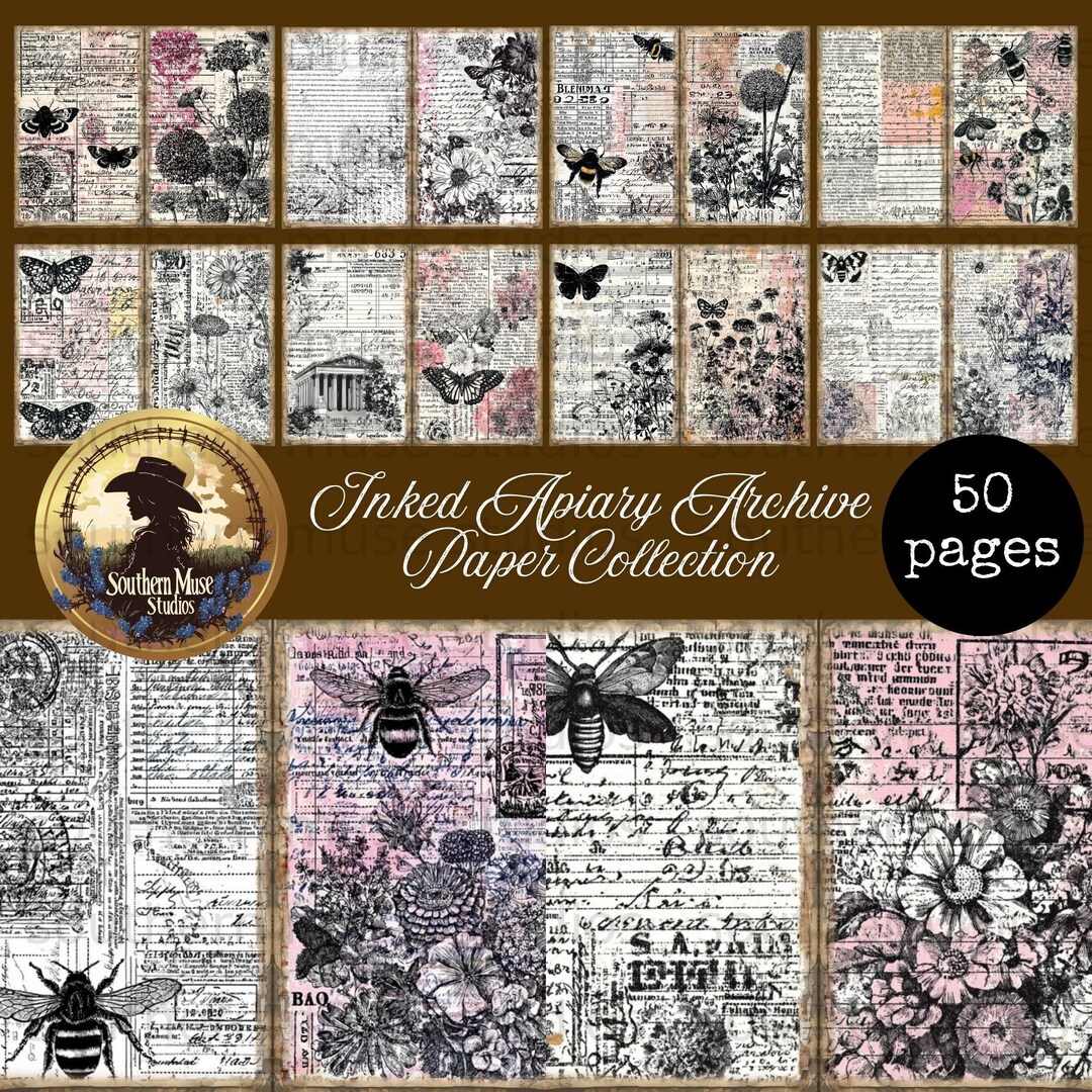 Inked Apiary Archive Junk Journal Digital Paper, Vintage Bee Butterfly ...