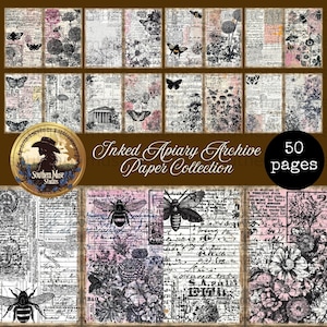 Inked Apiary Archive Junk Journal Digital Paper, Vintage Bee Butterfly Botanical Ephemera Kit, 50 Printable Collage Sheets, Instant Download