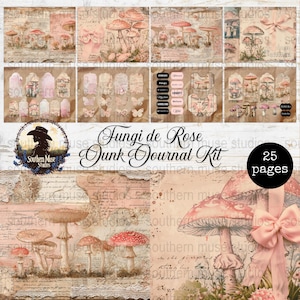 Pink Mushroom Junk Journal Kit, Fungi Paper, Digital Paper Pack, Printable Ephemera, Scrapbooking, Collage, PDF Pages, Tags, Pockets