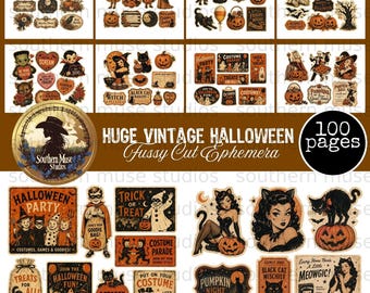 Giant 100 Sheet Vintage Halloween Fussy Cut Ephemera Mega Digital Download Kit, Retro Spooky Junk Journal Witch Black Cat Art