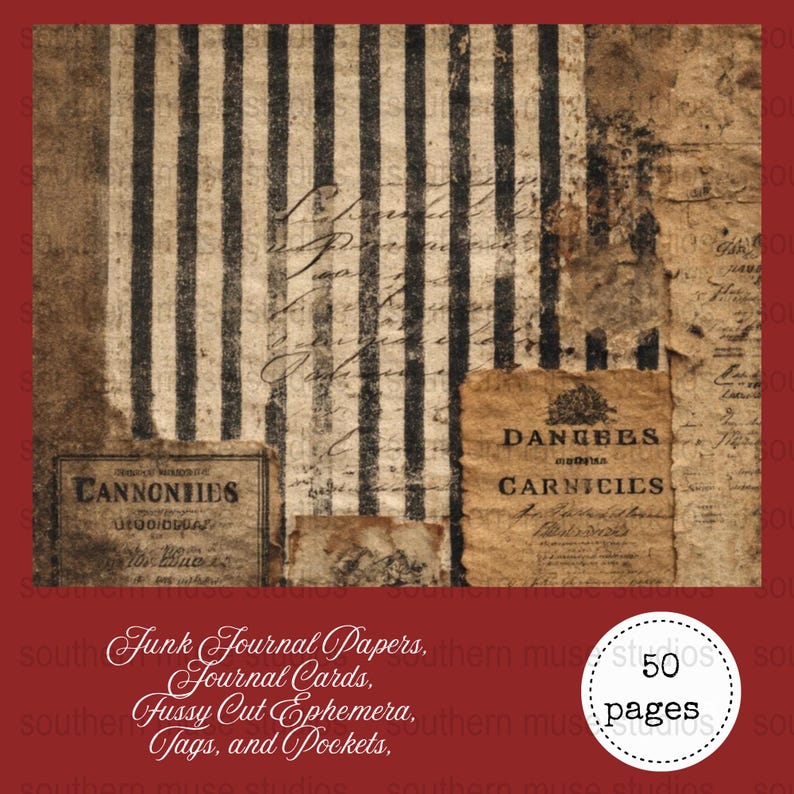 French Ticking Junk Journal, Vintage Ephemera, Digital Paper, Collage ...