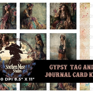 Puede incluir: Un collage digital con imágenes de estilo vintage de mujeres con atuendo bohemio, junto con etiquetas y tarjetas de diario. Se muestra el texto "Gypsy Tag and Journal Card Kit", junto con "300 DPI 21.59cm X 27.94cm".
